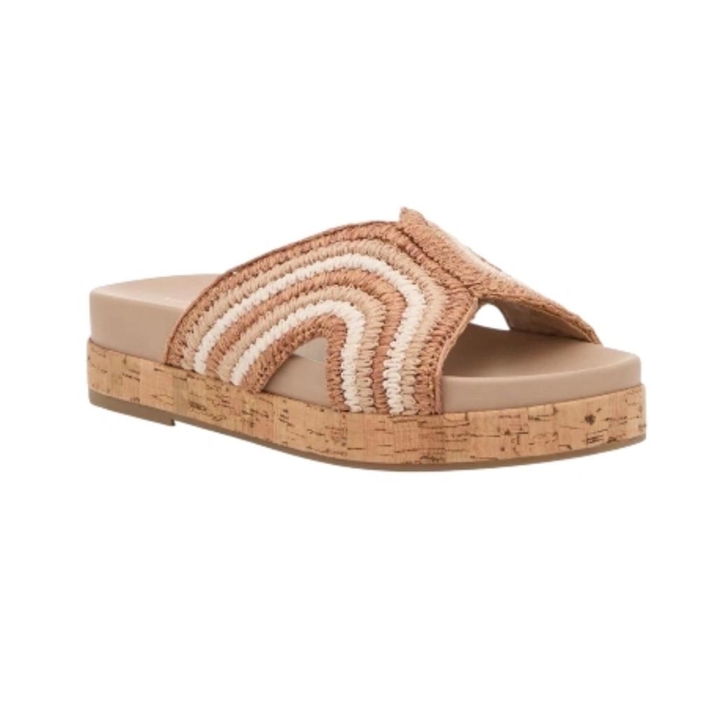 Marc Fisher Erim Slide On Platform Sandals Woven Tan & Cream Treaded Sz 10